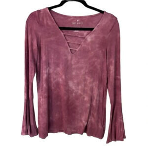 American Eagle Outfitters Soft & Sexy Maroon Long Flutter Sleeve V-Neck Sz S GUC